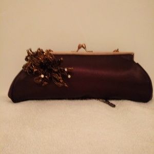 CARLO FELLINI EVENING CLUTCH BAG BROWN SATIN .